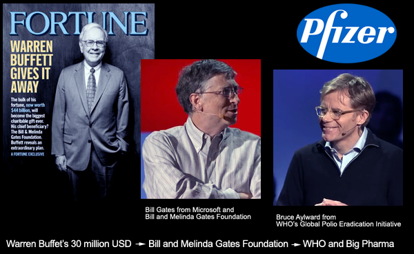 Warren Buffet, Bill Gates, WHO, Bruce Aylward, Big Pharma. Kollage: NewsVoice