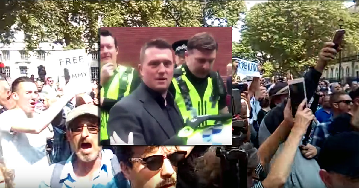 Montage: Tommy Robinson greps den 25 maj 2018 och protester blev konsekvensen i England