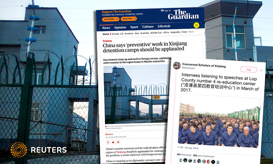 Omskolningsfängelse för muslimer i Kina. Foto: Thomas Peter, Reuter. Montage: NewsVoice (skärmdumpar från The Guardian och Twitter)