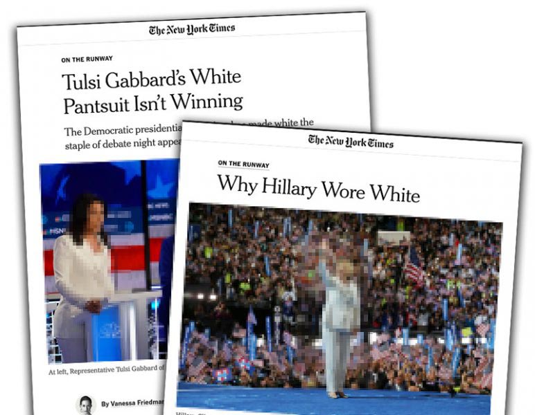 Hillary Clinton och Tulsi Gabbard. Foton: Ruth Fremson, The New York Times. Montage: NewsVoice. Skärmdumparna är pixelerade för att skydda upphovsrätten.