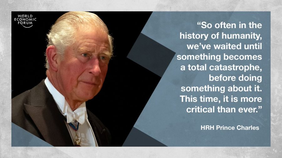 Prince Charles. Overhead: World Economi Forum