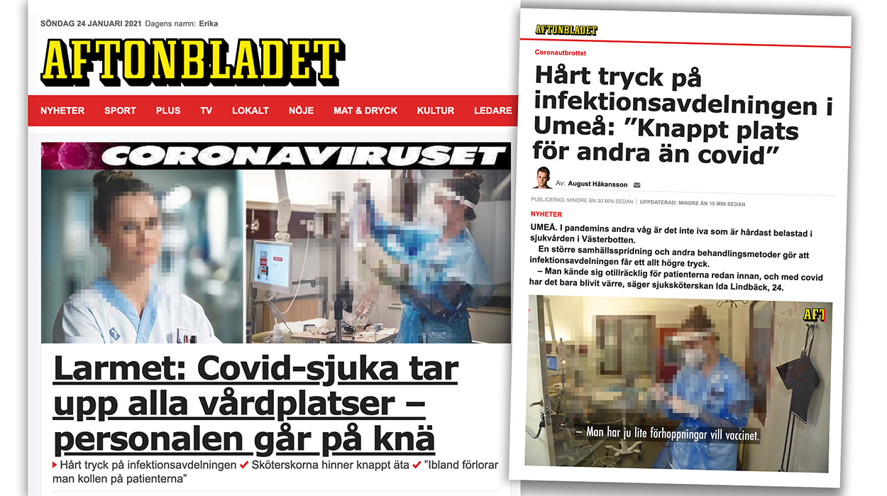 Aftonbladets rapportering om coronakrisen har starka överdrifter. Montage: NewsVoice. Artikel från Aftonbladet. Fotona är pixlererade för att skydda upphovsrätten.