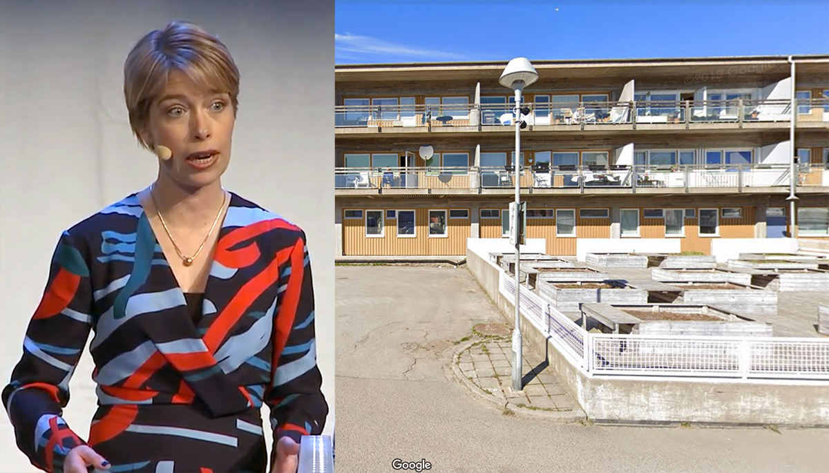 Annika Strandhäll (fotot: forskningsrådet Forte) bodde på Rymdtorget 5 i Göteborg (foto: Google Maps).