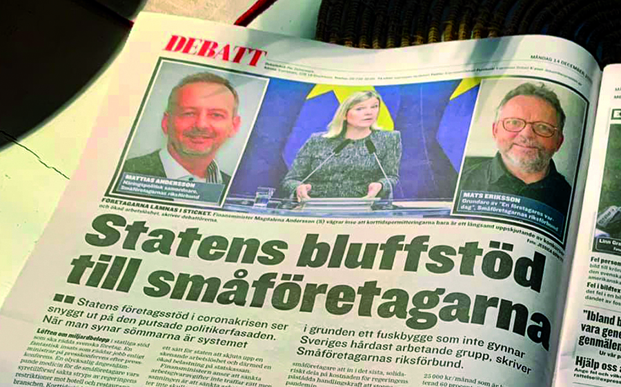Småföretagarnas Riksförbund debatterar. Foto av uppslag i Expressen från den 12 dec 2020. Foto: Smaforetagarna.se