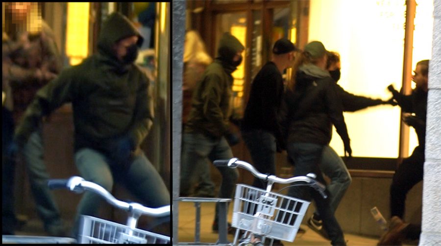Swedish Gang Culture. A leftish extremist gang attacks a lone right wing man, March 6, 2021, Hamngatan/NK, Stockholm. Photo: NewsVoice