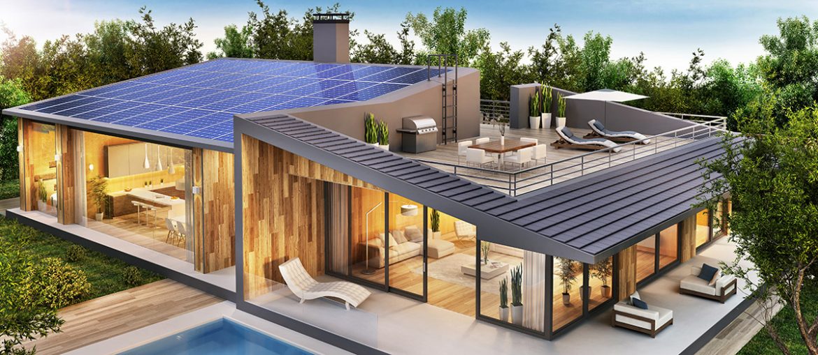 Kinas ekonomi kan fungera som en global klimatomställare som räddar planeten. Villa med solpaneler. 3D-bild: Slavun. Licens: Shutterstock.com