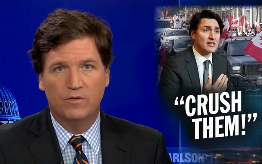 Tucker Carlson kommenterar Justin Trudeau, 15 feb 2022. Bild: Fox News