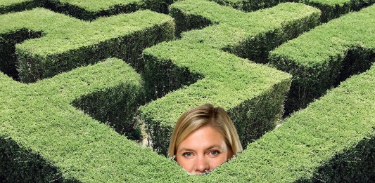 Magdalena Andersson vilse i högerpolitiken. Foto (labyrint): twenty20photos , licens: Elements.envato.com. Pressfoto (Andersson): Kristian Pohl, Regeringskansliet.