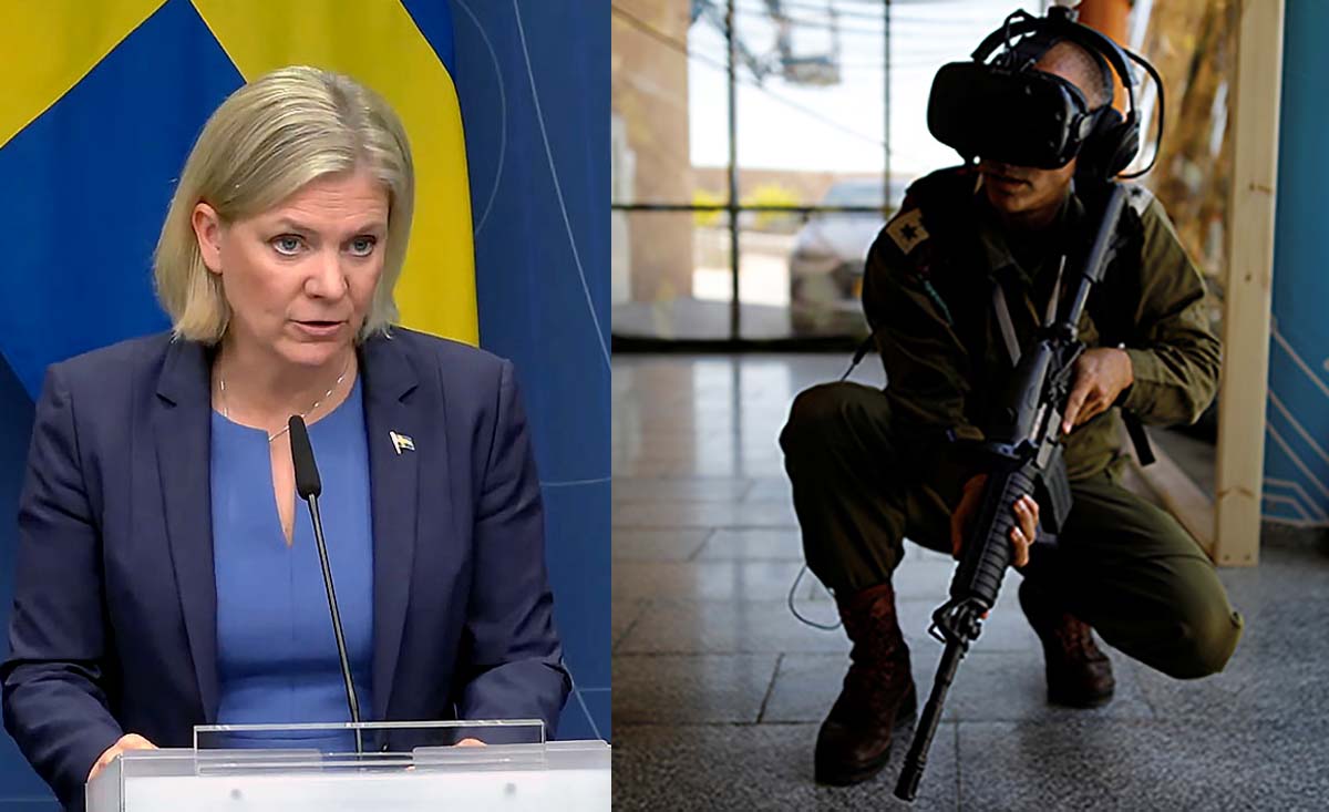 Magdalena Andersson dras in i NATO:s Virtual Reality. Foton; Regeringskanlsiet och Atlantic Counsil (soldat med Virtual Reality-mask)
