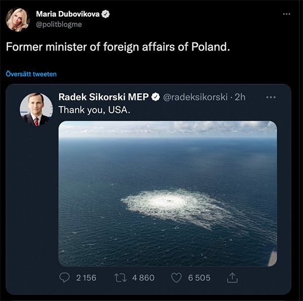 Fd polsk MP Radek Sikorski kommenterar sprängningarna av Nord Stream, 27 sep 2022.