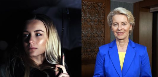 Okänd kvinna i mörket och EU-ordförande Ursula von der Leyen i värmen. Montage: NewsVoice. Foton: Anna Om (Envato.com) och Liza Pyrozhkova (The Kyiv Independent)