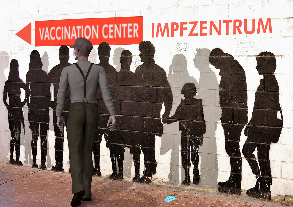 Illustration av människor som köar för vaccination. Bild: Wilfried Pohnke. Licens. Pixabay.com