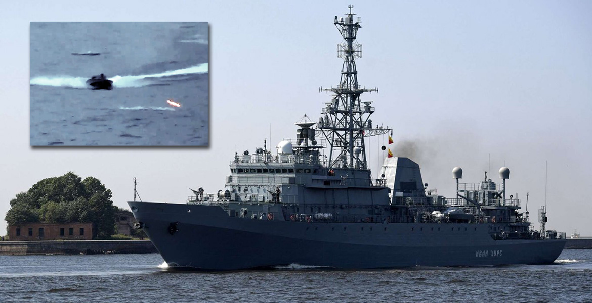 Det ryska spionfartyget Ivan Khurs attackerades av obamannade speedboat-drönarer, 24 maj 2023. Foton: Open Source och Ivan Khurs. Montage: NewsVoice