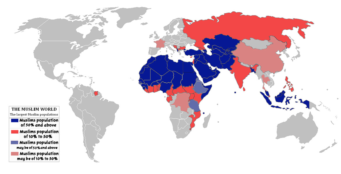 Världskarta som visar Islams utbredning. Licens: CC BY-SA 4.0, Wikimedia