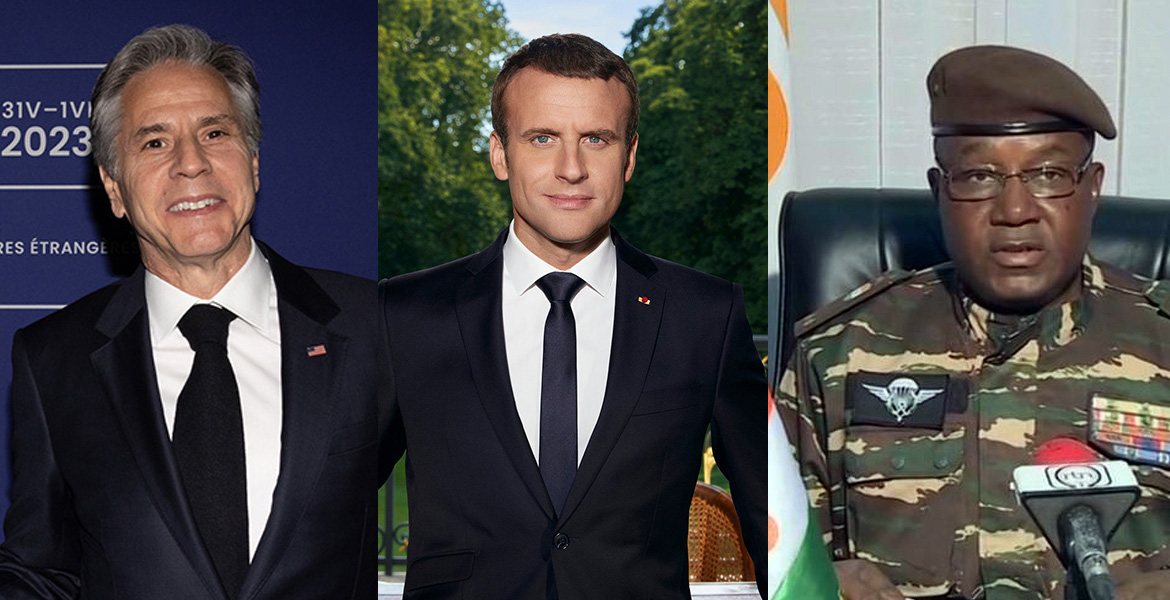 Politikerna Anthony Blinken och Emmanuel Macron samt general Abdourahamane Tchiani. Montage: NewsVoice