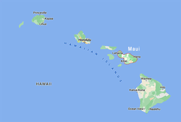 Ögruppen Hawaii och ön Maui. Bild: Google Maps