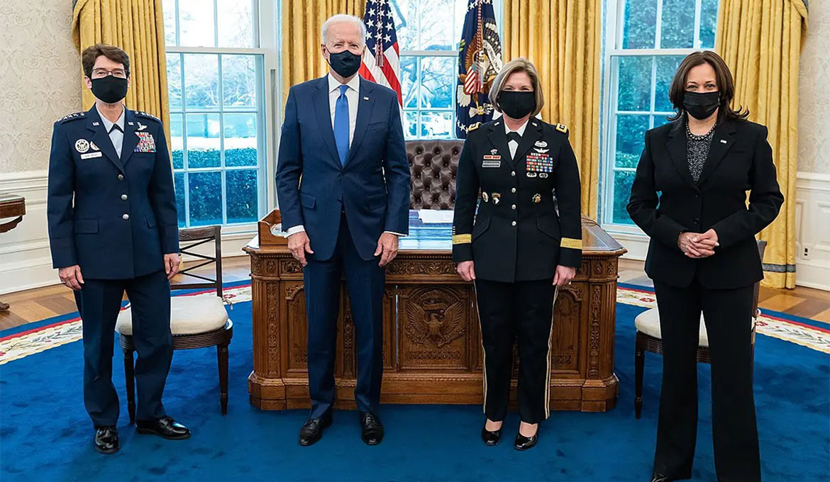 President Biden and Vice President Harris with US Armed Forces generals, 2021.