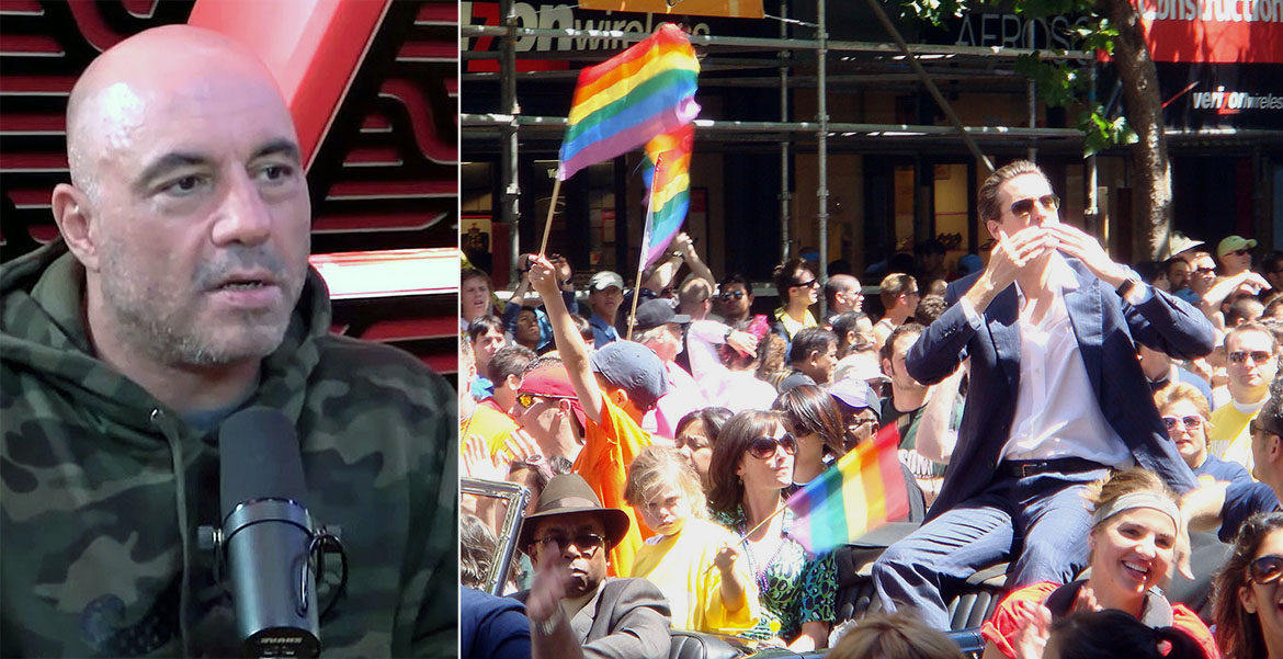 Joe Rogan och Gavin Newsome (på Gay Pride). Foton: Wikimedia Commons, CC BY 3.0