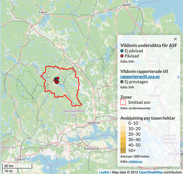 Afrikansk svinpest i Fagersta kommun. Karta: sva.se