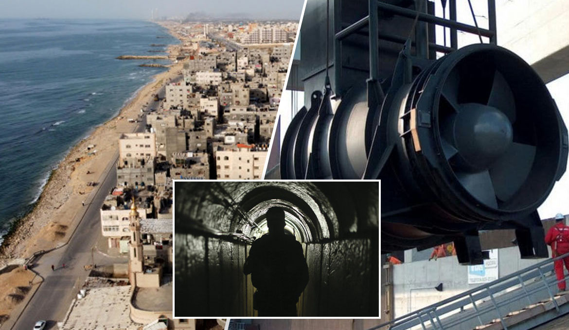 Hamas tunnlar kan dränkas. Montage: K. Hell baserat på foton av Mohammed Salem och Fairbanksnijhuis.pentair.com