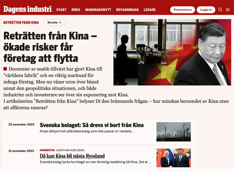 Dagens Industri varnar för affärer med Kina. Bild. skärmdump från DI.se