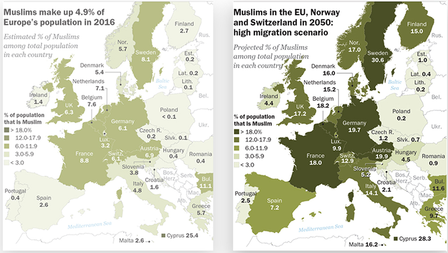 Migrationen av muslimer till Europa. Bilder: Pewresearch.org