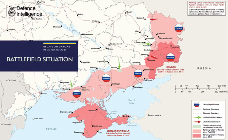Fronten mellan Ukraina och Ryska Federationen den 8 december 2023.