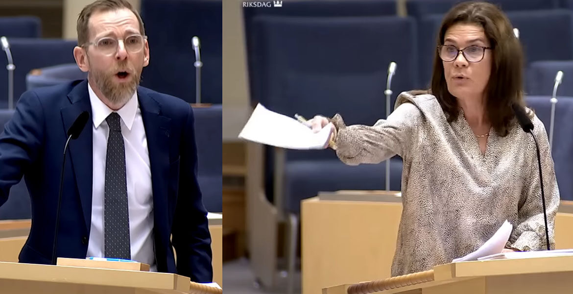 Jakob Forssmed debatterar mot Elsa Widding i Riksdagen, 9 feb 2024.