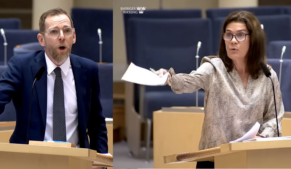 Jakob Forssmed debatterar mot Elsa Widding i Riksdagen, 9 feb 2024.