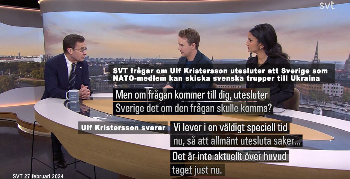 Ulf Kristersson vill inte utesluta att svenska trupper skickas till Ukraina. Foto: SVT.se, montage av NewsVoice