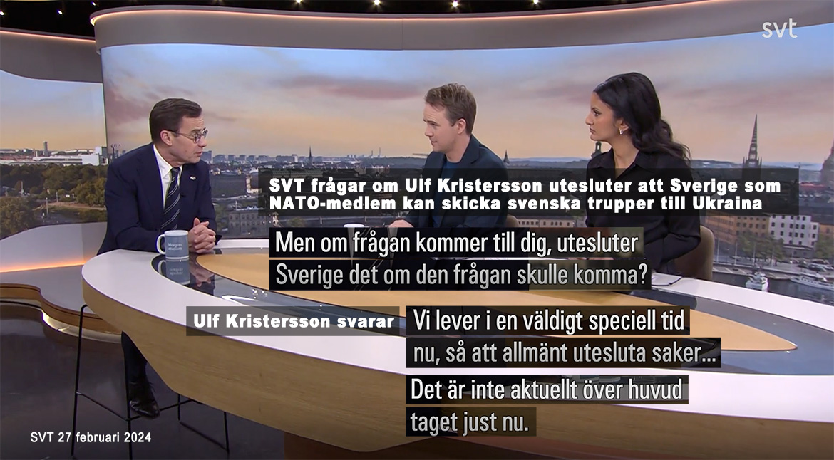 Ulf Kristersson vill inte utesluta att svenska trupper skickas till Ukraina. Foto: SVT.se, montage av NewsVoice