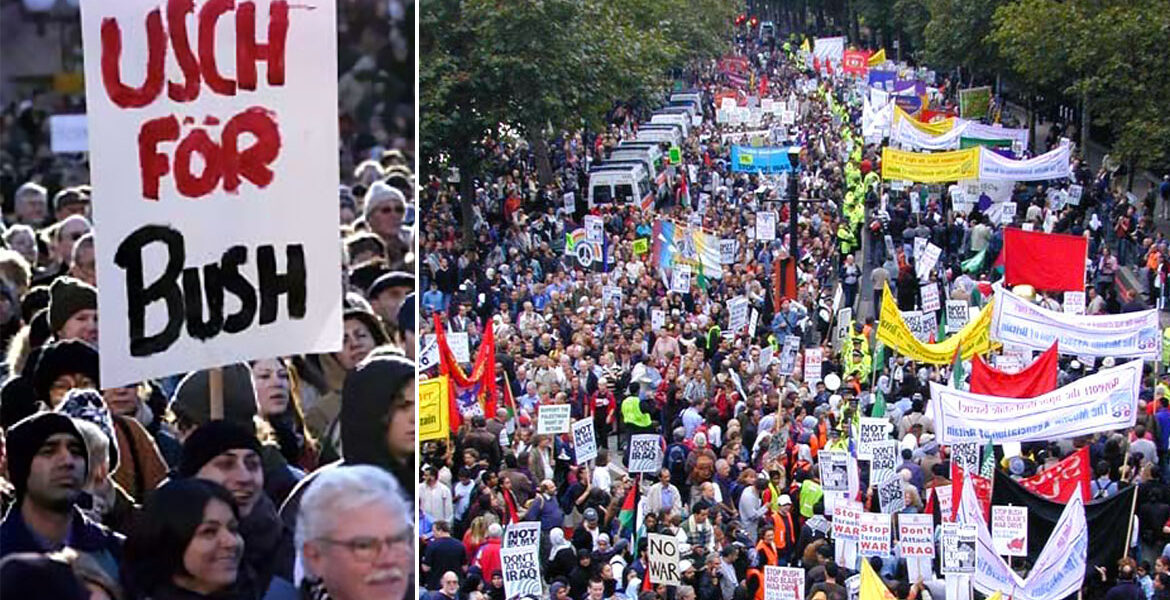 Protester i Sverige och London 2003 mot Irakkriget.