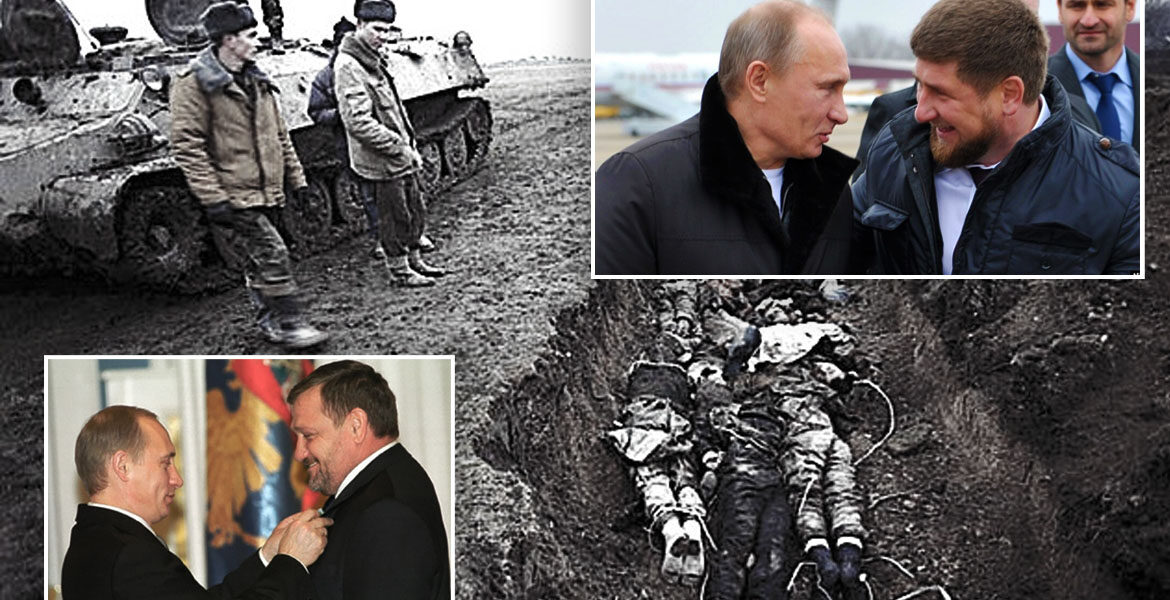 Krig i Tjetjenien. Nedan till vänster Putin tillsammans med Akhmad Kadyrov. Ovan till höger: Putin tillsammans med Ramzan Kadyrov.