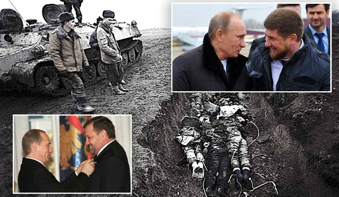 Krig i Tjetjenien. Nedan till vänster Putin tillsammans med Akhmad Kadyrov. Ovan till höger: Putin tillsammans med Ramzan Kadyrov.