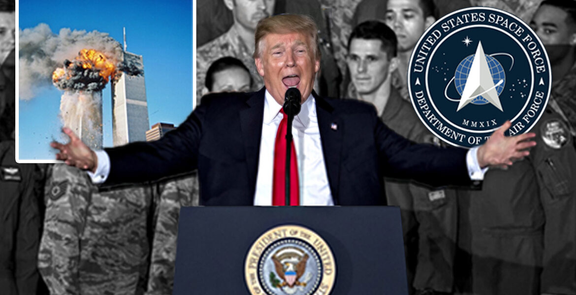 Donald Trump, WTC-911 och den amerikanska rymdflottans logga. Montage: K. Hell