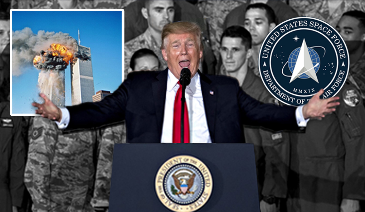 Donald Trump, WTC-911 och den amerikanska rymdflottans logga. Montage: K. Hell