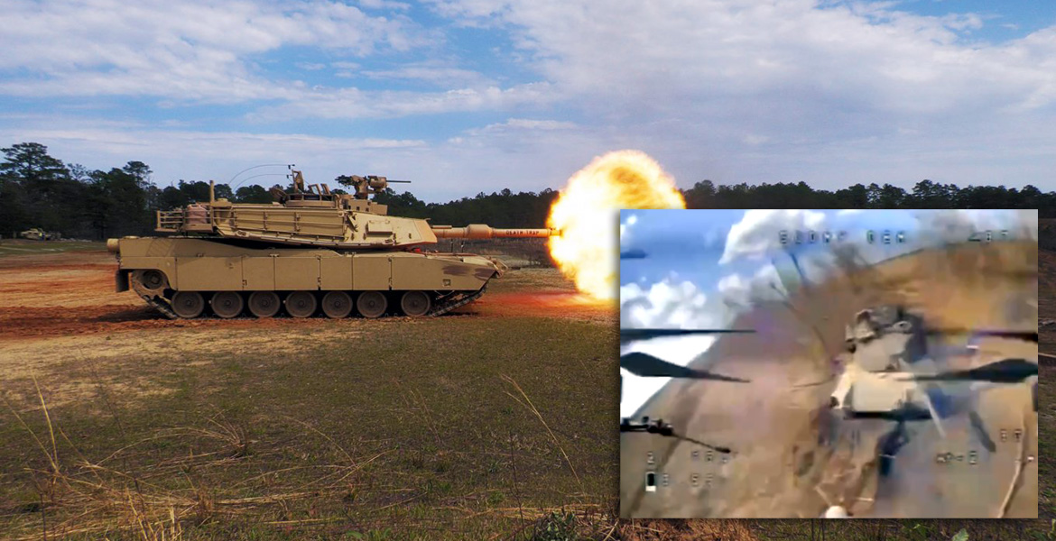 Stridsvagn av modellen Abrams M1A och infällt en rysk drönare sekunden innan den slår ut en Abrams-vagn i Ukraina, mars 2024. Foton: US Depratement of Defense och ryska försvarsmakten.