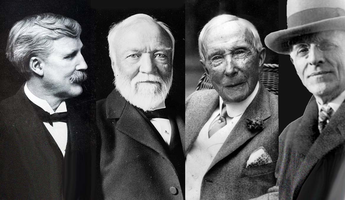 Frederick Taylor Gates, Andrew Carnegie, John D. Rockefeller och Abraham Flexner, arkivbilder