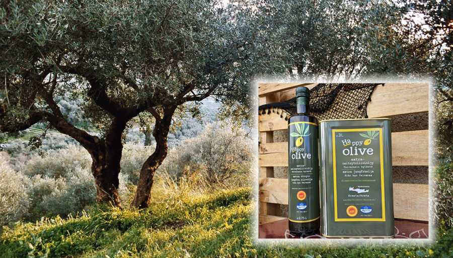 Olivolja av märket Happy Olive skördas på Kreta.