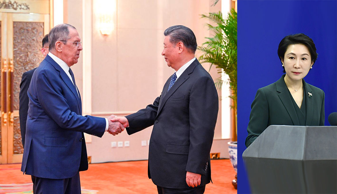 Utrikesminister Sergey Lavrov (ru), president Xi-Jinping (cn)och utrikesminister Mao Ning (cn)
