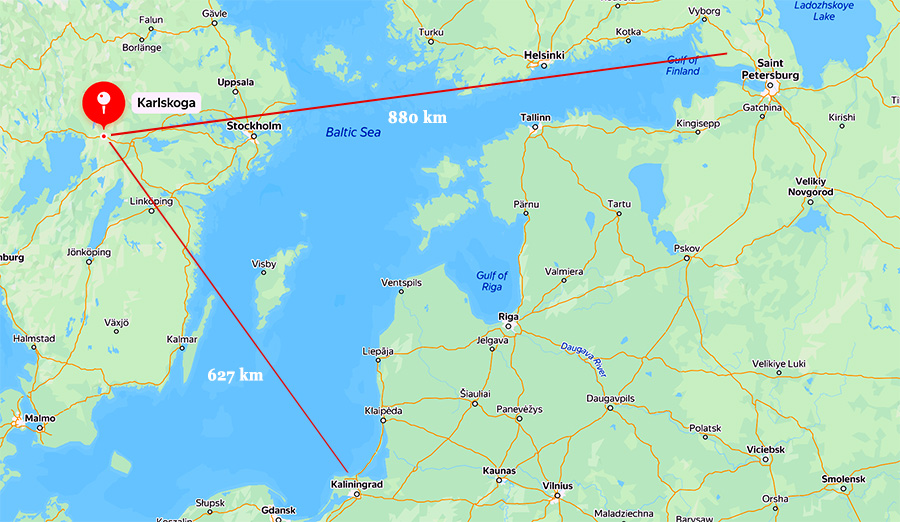 Avstånd mellan Karlskoga och S:t Petersburg respektive Kaliningrad. Yandex Maps
