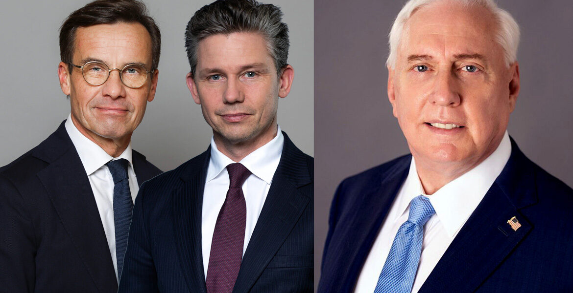Swedish PM Ulf Kristersson, Defense Minister Pål Jonson and retired Colonel Douglas Macgregor.