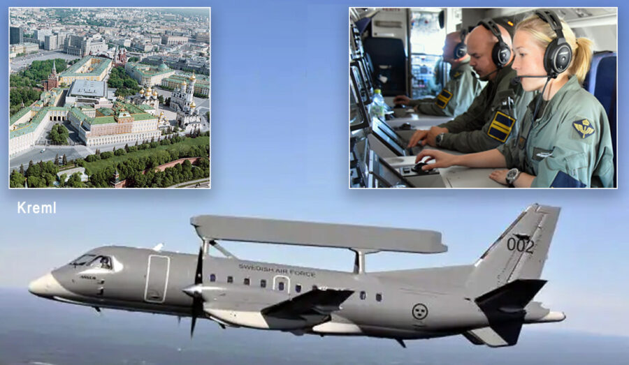 The Swedish airborne combat management and air surveillance platform ASC 890. The three operators of the aircraft (right). The Kremlin (left). Photos: Swedish Armed Forces and Kremlin.ru, CC BY 4.0