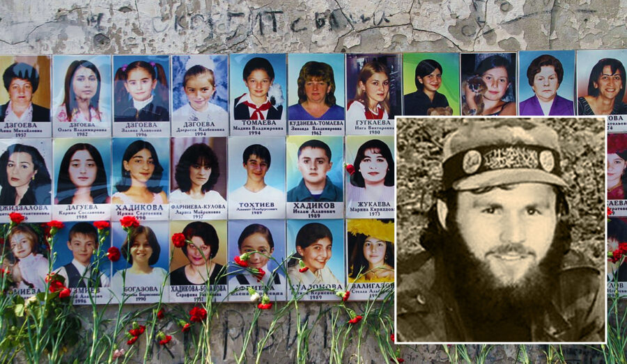 Foto på skolbarn dödade i terroristattacken i Beslan 2004. Inklippt: barnens baneman Zelimkhan Khangoschvili.