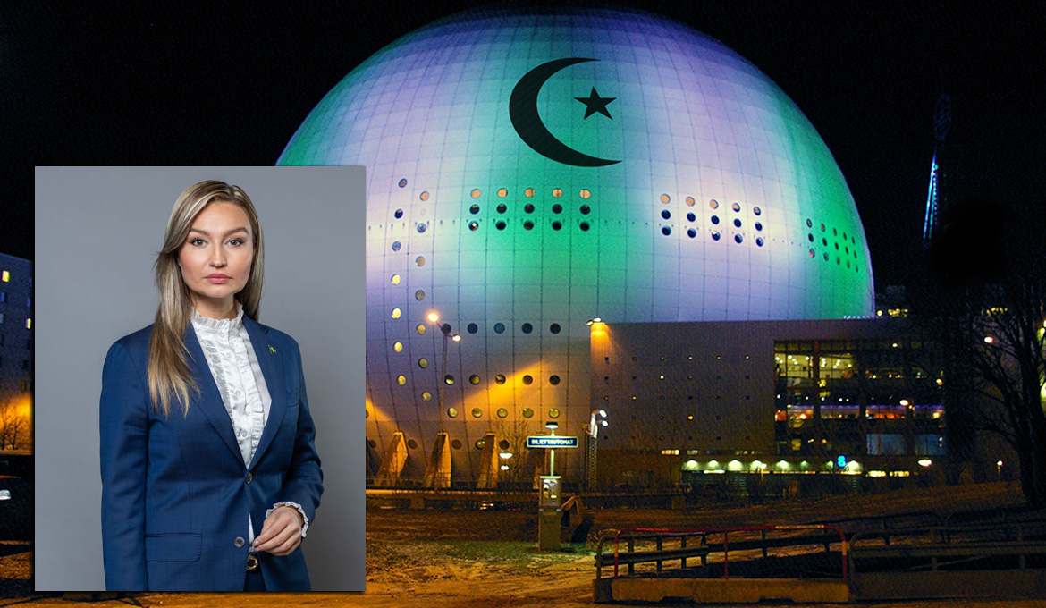 Party leader Ebba Busch against a backdrop of Avicii Arena (altered by NewsVoice). Photos: Fredrik-Posse (CC-BY-SA-3) and Kristian Pohl, Swedish Government (press). Montage: NewsVoice