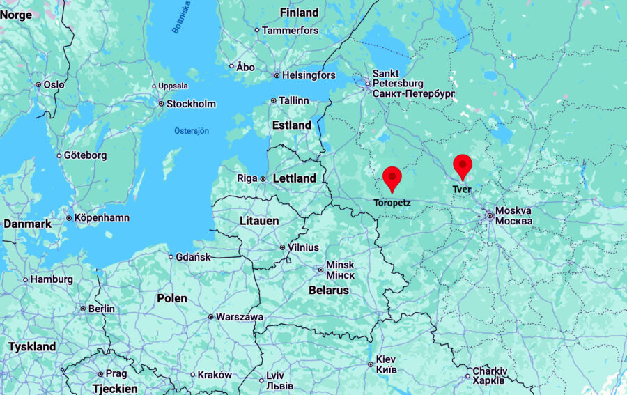 The cities of Toropets and Tver in western Russia. Map: Google Maps