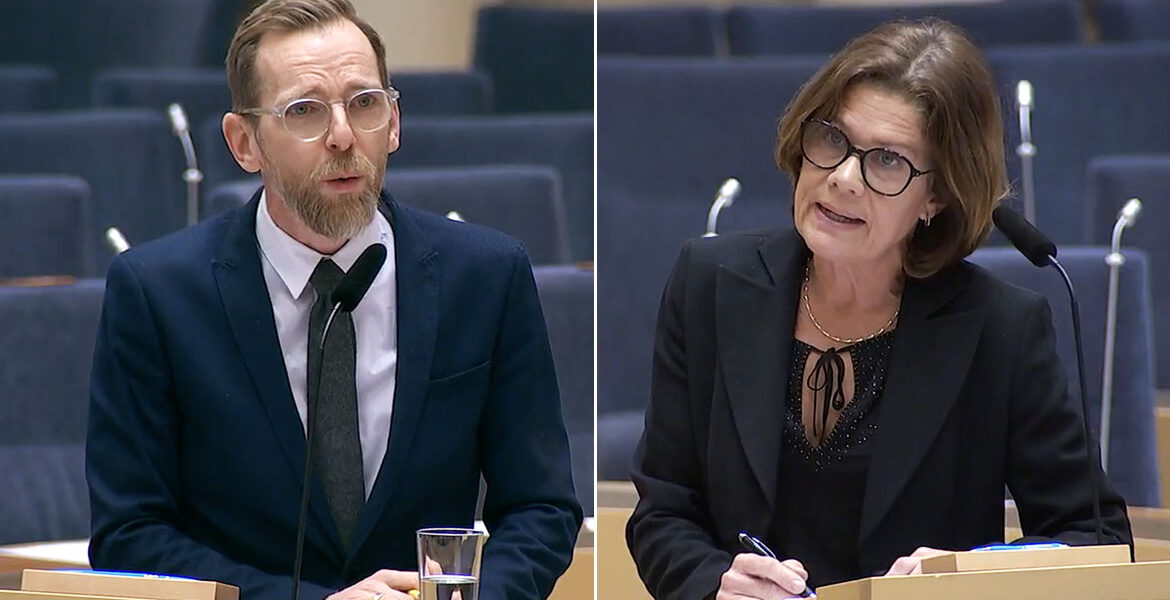 Socialminister Jacob Forssmed konfronteras av riksdagsledamot Elsa Widding