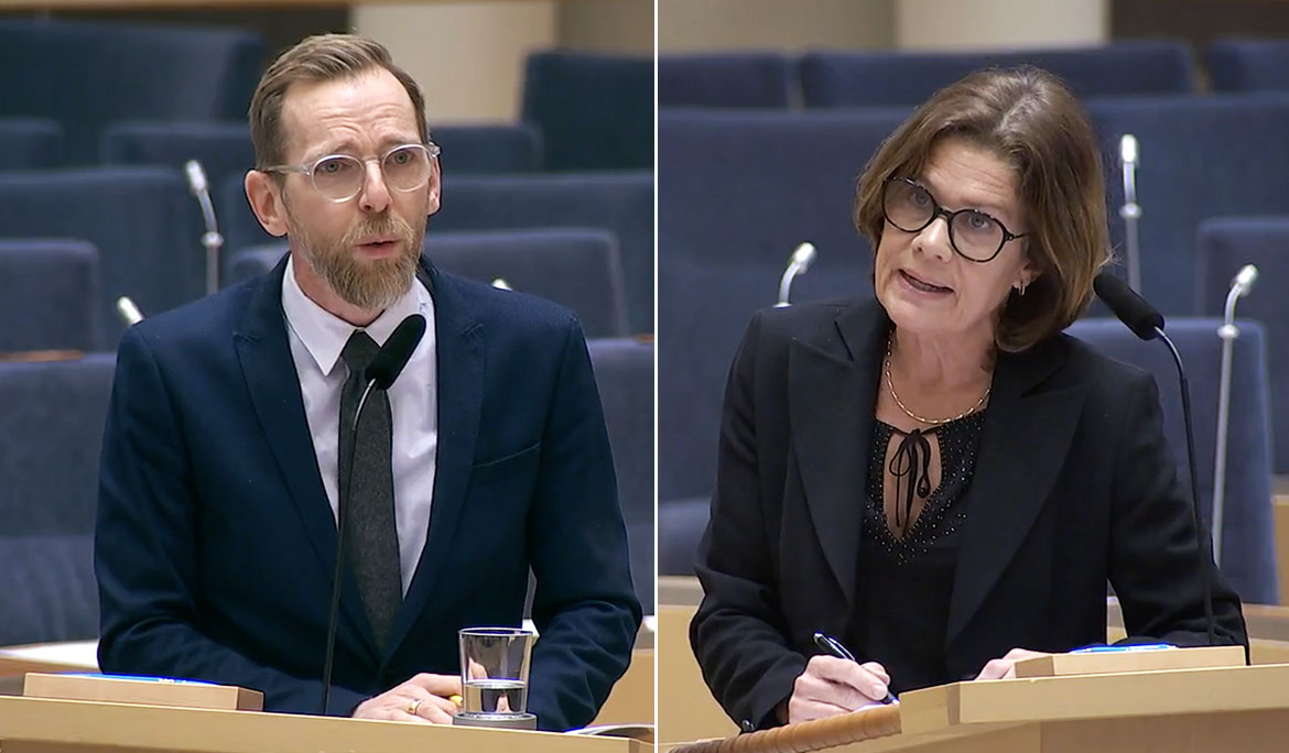 Socialminister Patrik Forssmed konfronteras av riksdagsledamot Elsa Widding