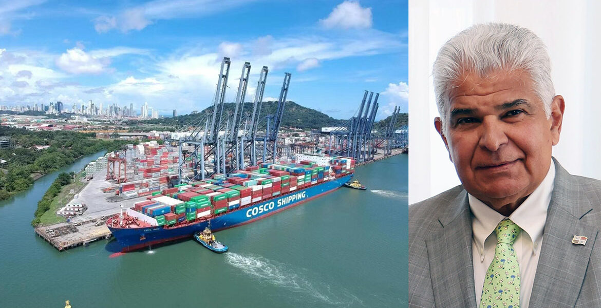 A cargo vessel of China COSCO Shipping Corporation docks at the Port of Balboa, Panama next to Panamanian President José Raúl Mulino.