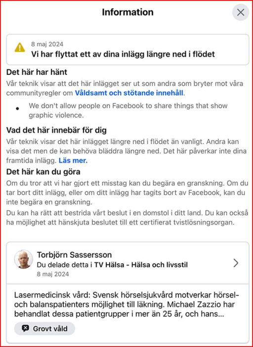 Facebooks tredjepartsbaserad faktakontroll uppfattar lasermedicin som grovt våld! Skärdmump från Facebook. 